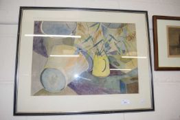 20th Century still life study of buckets and other objects, watercolour, framed and glazed