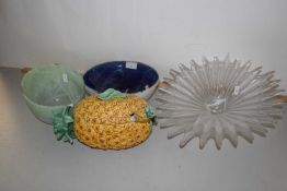 Mixed Lot: Pair of clear glass dishes, a porcelain pineapple formed tureen, an Art Glass bowl and