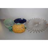 Mixed Lot: Pair of clear glass dishes, a porcelain pineapple formed tureen, an Art Glass bowl and