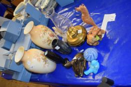 Mixed Lot: A pair of Crown Ducal vases, brass based oil lamp, various ornaments etc