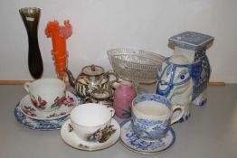 Mixed Lot: Silver lustre tea wares, small elephant jardiniere stand, glass vases, bowls etc