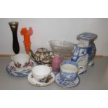 Mixed Lot: Silver lustre tea wares, small elephant jardiniere stand, glass vases, bowls etc