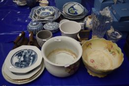 Large Mixed Lot: Various items to include decorated plates, chamber pots, glass vases, flat irons