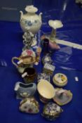 Mixed Lot: Various small porcelain trinket boxes, Wedgwood vase, model shoes and other items
