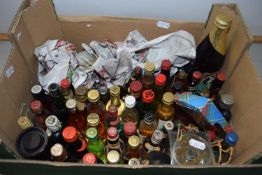 Box containing a collection of various miniature bottles of spirits and other similar