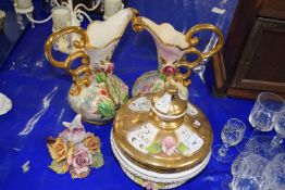 Pair of Belgian floral encrusted vases, a further floral covered bowl and a floral encrusted