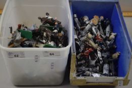 Two boxes of various die cast figures to include some chess themed pieces