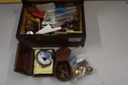 Small inlaid box containing various match boxes, cufflinks etc
