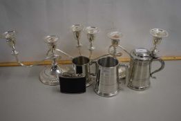 Pair of silver plated candelabra plus further tankards and hip flask