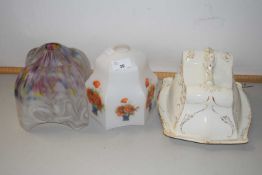 Mixed Lot: Two vintage glass light shades and a wedge formed cheese dish