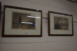 Claude Rowbotham, two coloured etchings, river scenes, framed and glazed