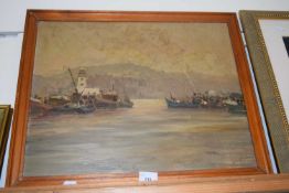 E H Clark, study of a harbour scene, oil on board