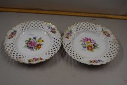 Pair of Meissen floral and gilt decorated plates with lattice work borders