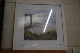 Coloured print, White Sand Bay, framed and glazed