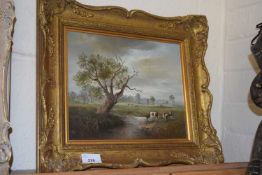 John Mace, study of a riverside scene with cattle, gilt framed