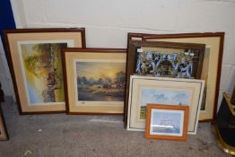 David Waller, group of four coloured prints various Lincolnshire scenes together with a mirror