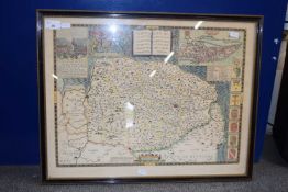 Reproduction coloured map of Norfolk, framed and glazed