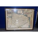 Reproduction coloured map of Norfolk, framed and glazed