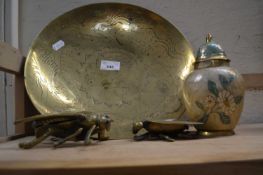 Mixed Lot: Brass bowl, two brass fly flies and a ginger jar and cover