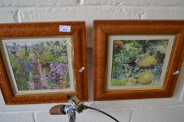 Pair of garden watercolours, glazed with maple frames