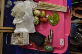 Mixed Lot: Vintage fan, various polished egg models, lace work items etc