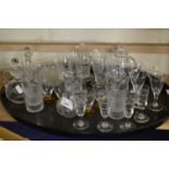 Tray of various Edwardian spirit glasses, small decanters etc