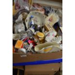 Box of various assorted ceramics, dressing table items, match boxes etc