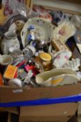 Box of various assorted ceramics, dressing table items, match boxes etc
