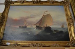 20th Century school study of ships on rough sea, oil on canvas, gilt framed