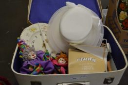 Mixed Lot: White suitcase together with a lady's dress hat, two clown wall clocks and other items