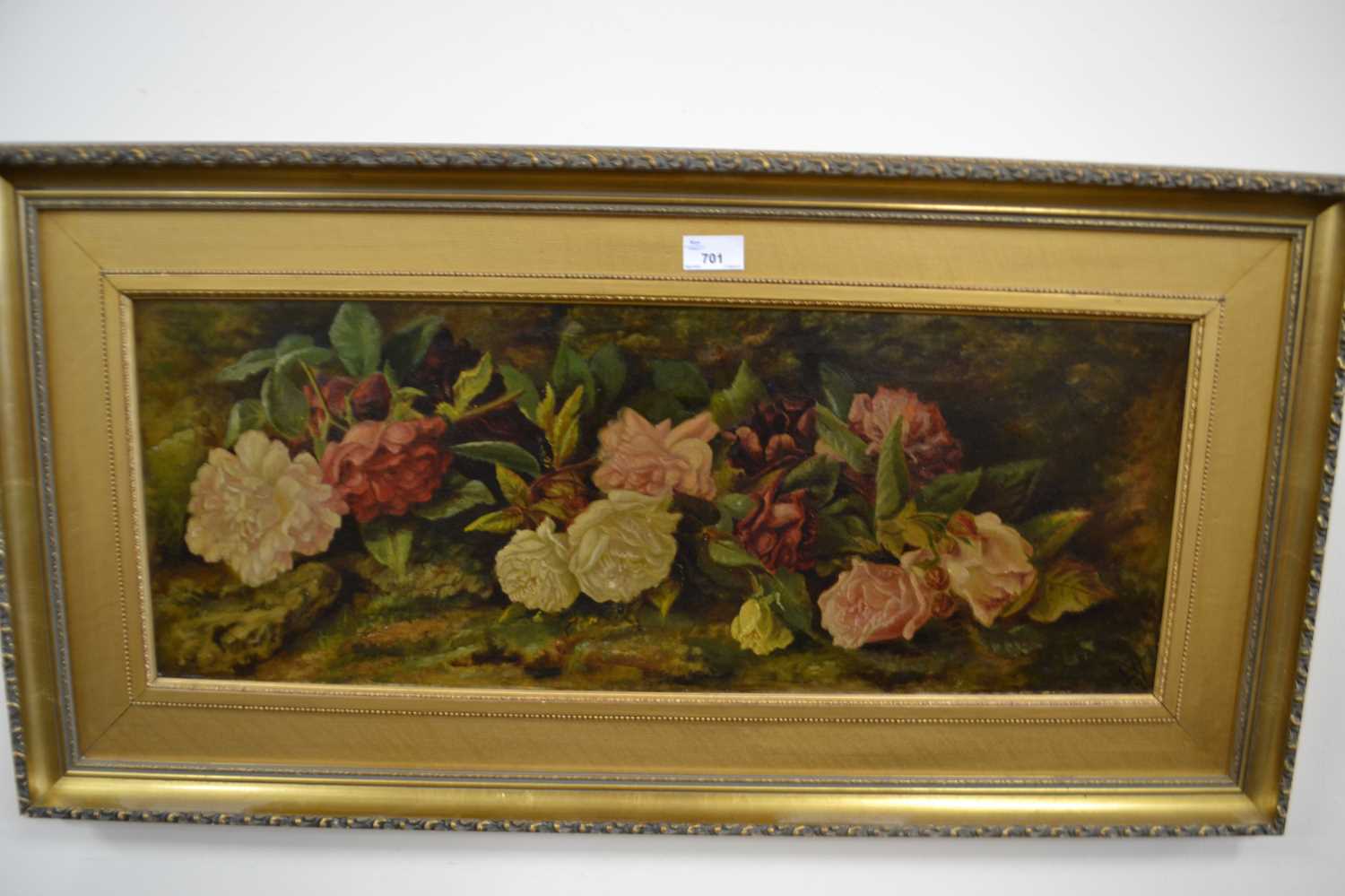 Still life of roses, oil on canvas in gilt frame