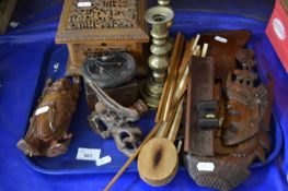 Mixed Lot: Wooden carvings to include Buddha, carved jewellery box chopsticks and other items