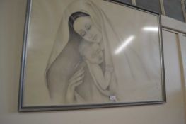 Pencil sketch of mother and child together with a quantity of other pictures and prints