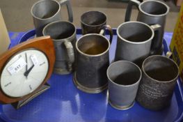 Quantity of assorted pewter pint mugs and others similar and a retro mantel clock