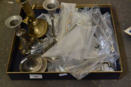 Box of various assorted candlesticks, cabinet handles and other items