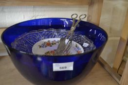 Mixed Lot: Blue glass bowl together with other glass serving dishes, EPNS tongs etc