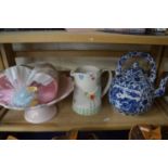Modern blue and white kettle, flower shaped cake stand, ice cream mould and a Marks & Spencers jug