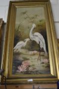 Study of Herons in a lily pond, oil on canvas in gilt frame