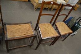 Pair of wicker seated dining chairs, similar footstool and a three tier cake stand (4)
