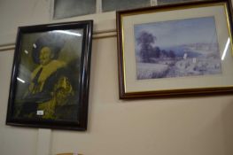 Reproduction print of The Laughing Cavalier together with a print of a coastal scene, both framed