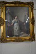 Reproduction print of a young girl coming down the stairs, gilt decorated frame