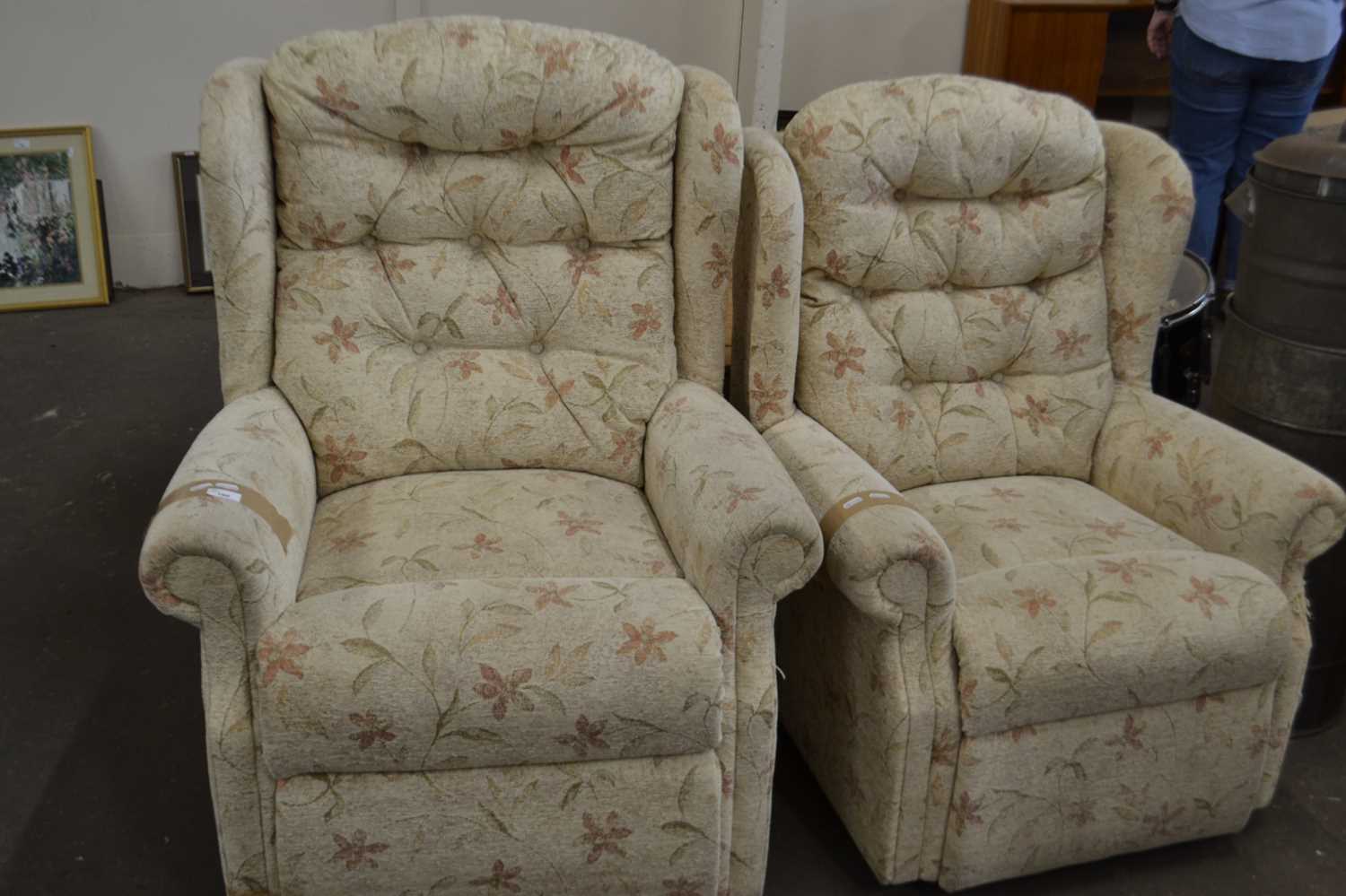 Near pair of upholstered recliners