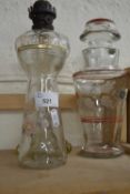 Glass based oil lamp together with Hyacinth vase and a glass jug