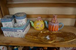 Two Piggin novelty teapots together with further modern jewellery boxes, glass dishes etc