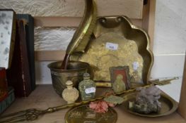 Mixed Lot: Brass table dustpan and brush together with toasting forks, Chinese carved soap stone