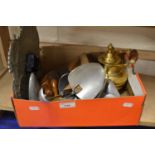 Box of assorted items, wall clock, shoe stretchers etc
