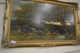 Trees by a river, oil on canvas, signed Peter Deakin? gilt frame (a/f)