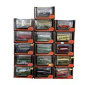 A collection of various boxed Exclusive First Editions die-cast buses, including Samuel Ledgard,