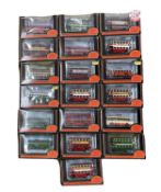 A collection of various small boxed Exclusive First Editions die-cast buses, including Thames