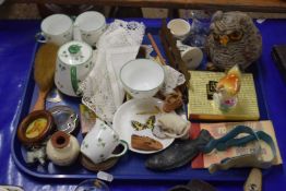 Tray of mixed items to include a Shelley shamrock pattern part tea set and other assorted items